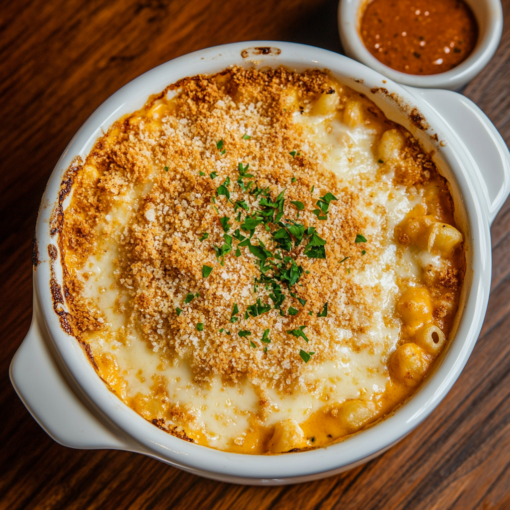 A bowl of roasted garlic Mac & Cheese