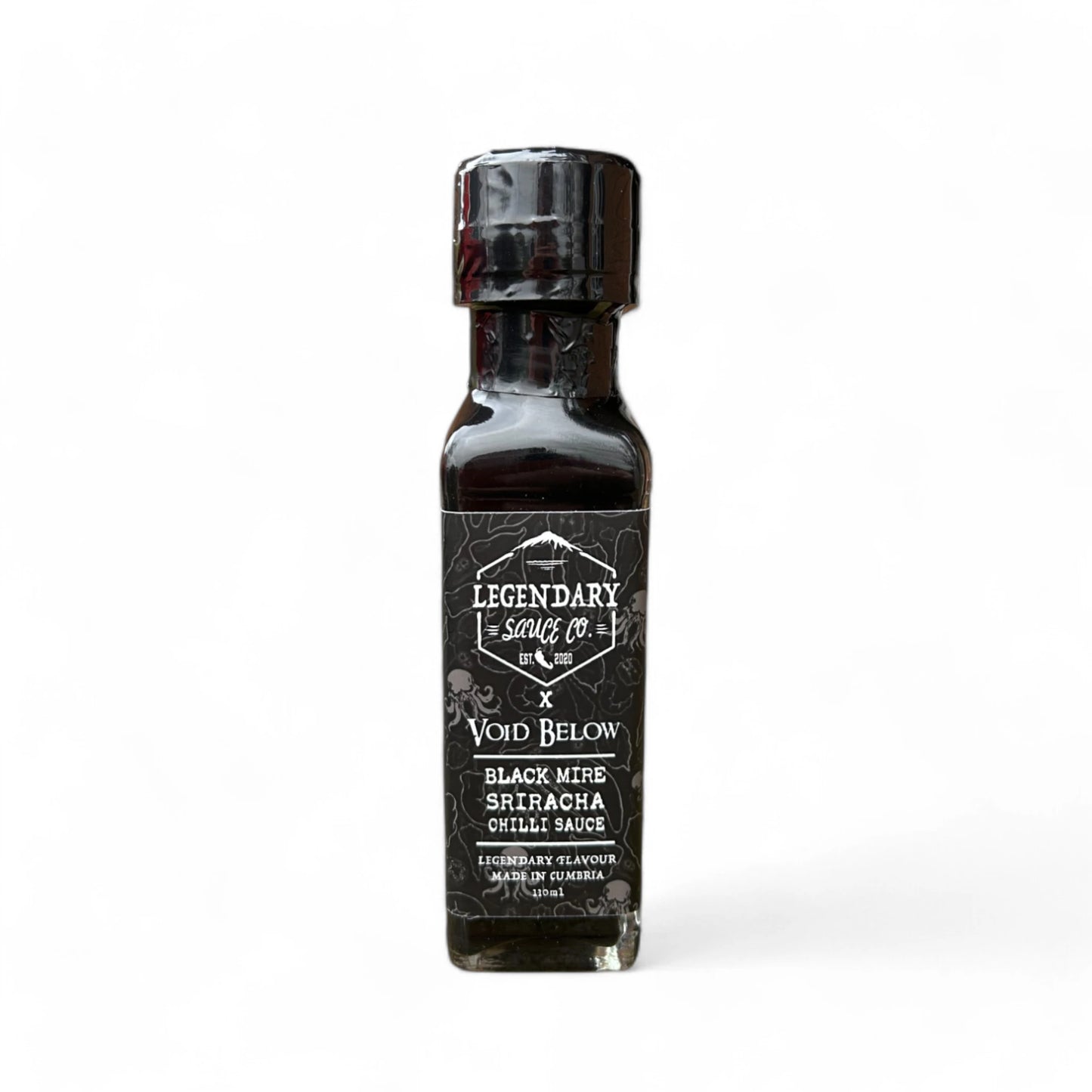A bottle of Black Mire Chillli Sauce