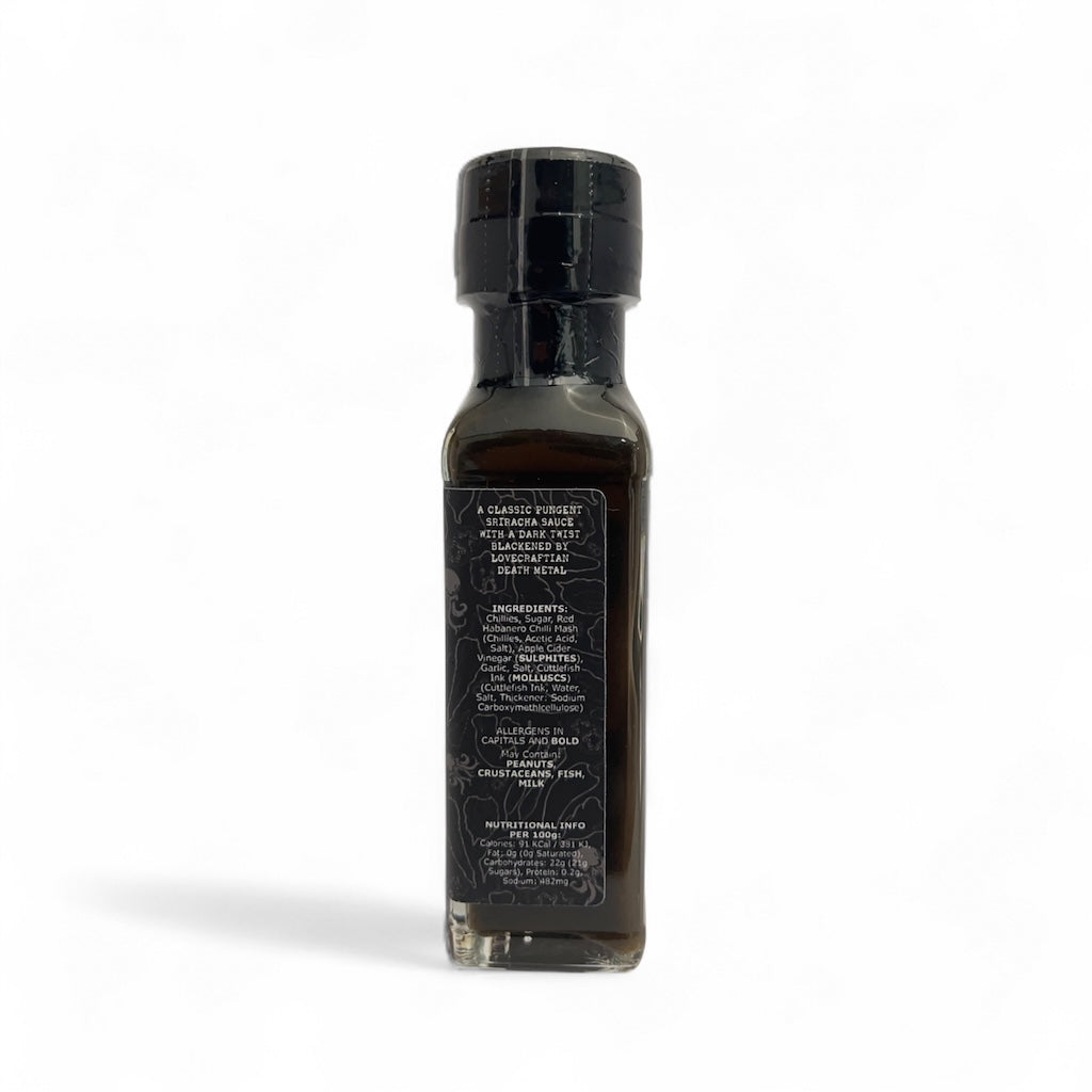 A bottle of Black Mire Sriracha Hot Sauce