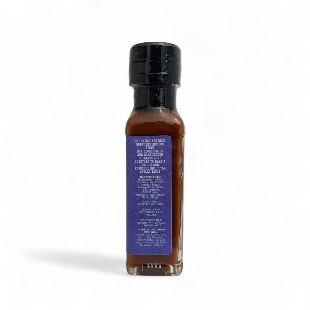 A bottle of Blueberry Armageddon Hot Sauce