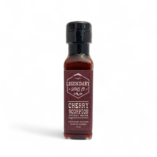 A bottle of Cherry Scorpion Hot Sauce