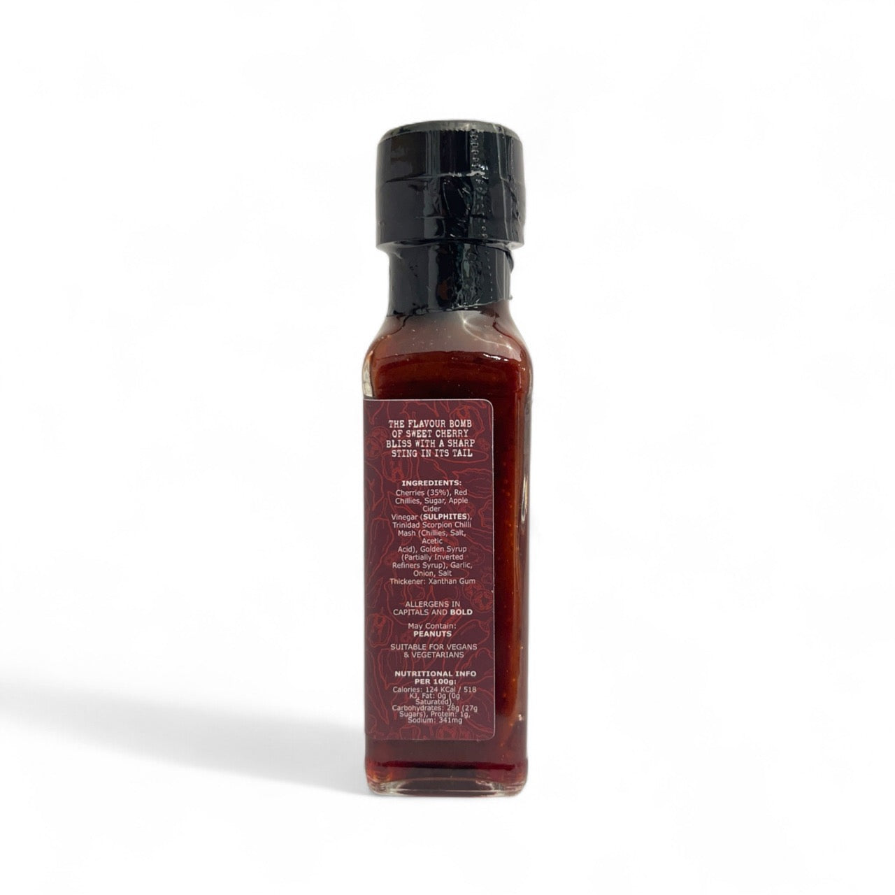 A bottle of Cherry Scorpion Hot Sauce