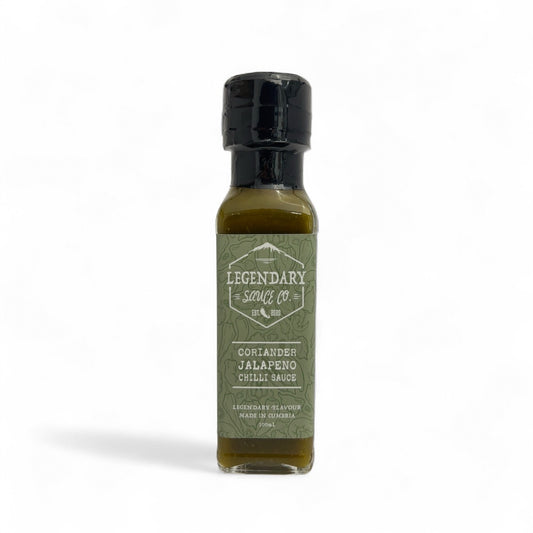 A bottle of Coriander Jalapeño Hot Sauce