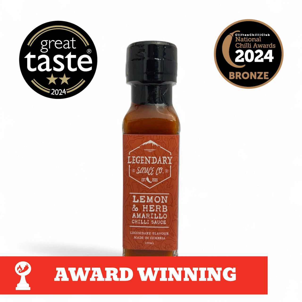 A bottle of Lemon & Herb Amarillo Hot Sauce