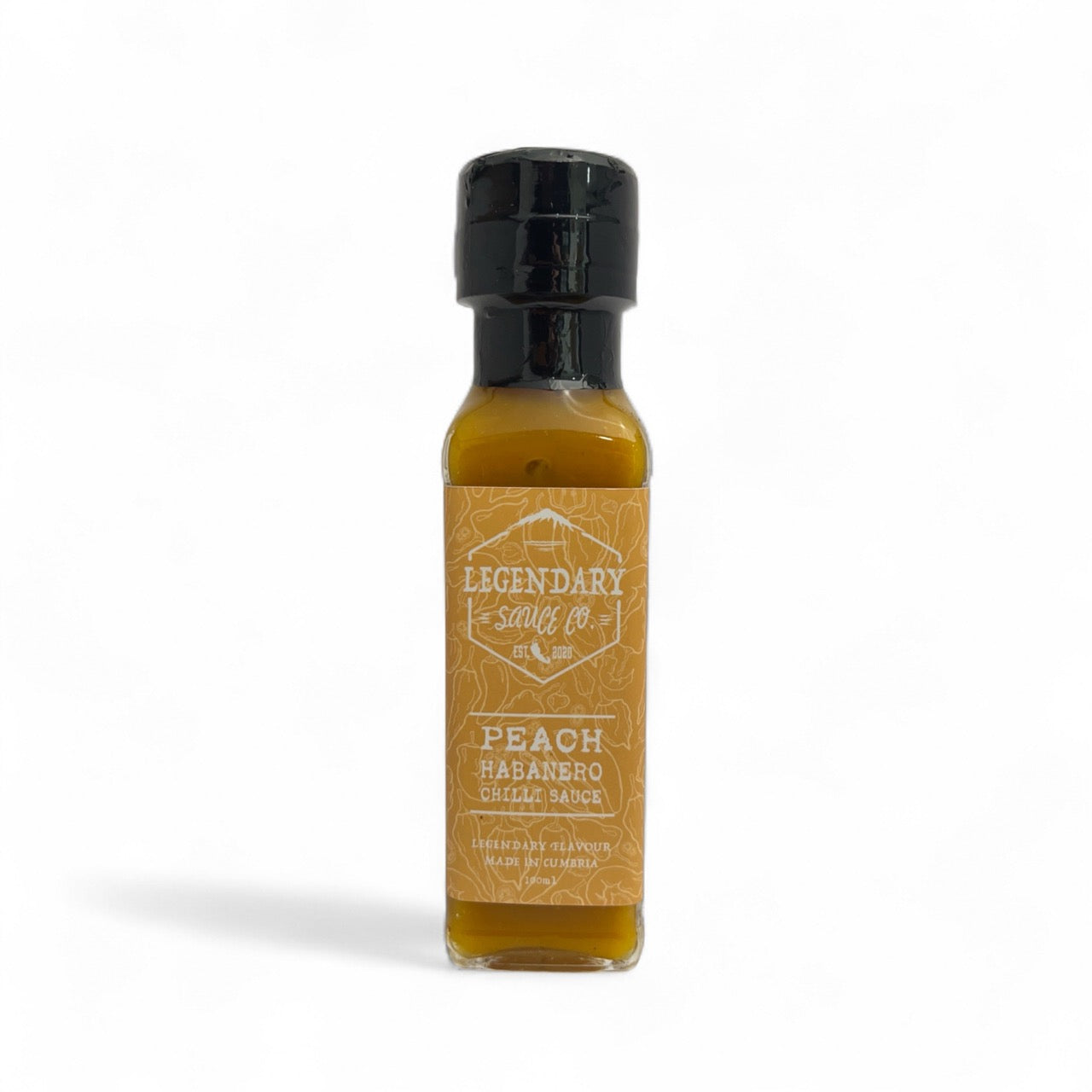 A bottle of Peach Habanero Hot Sauce