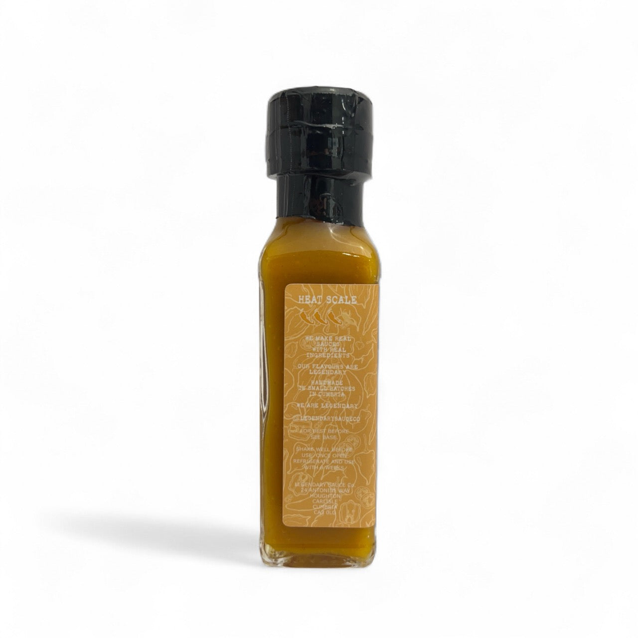 A bottle of Peach Habanero Hot Sauce
