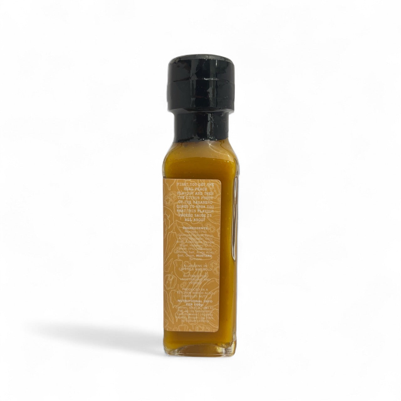 A bottle of Peach Habanero Hot Sauce