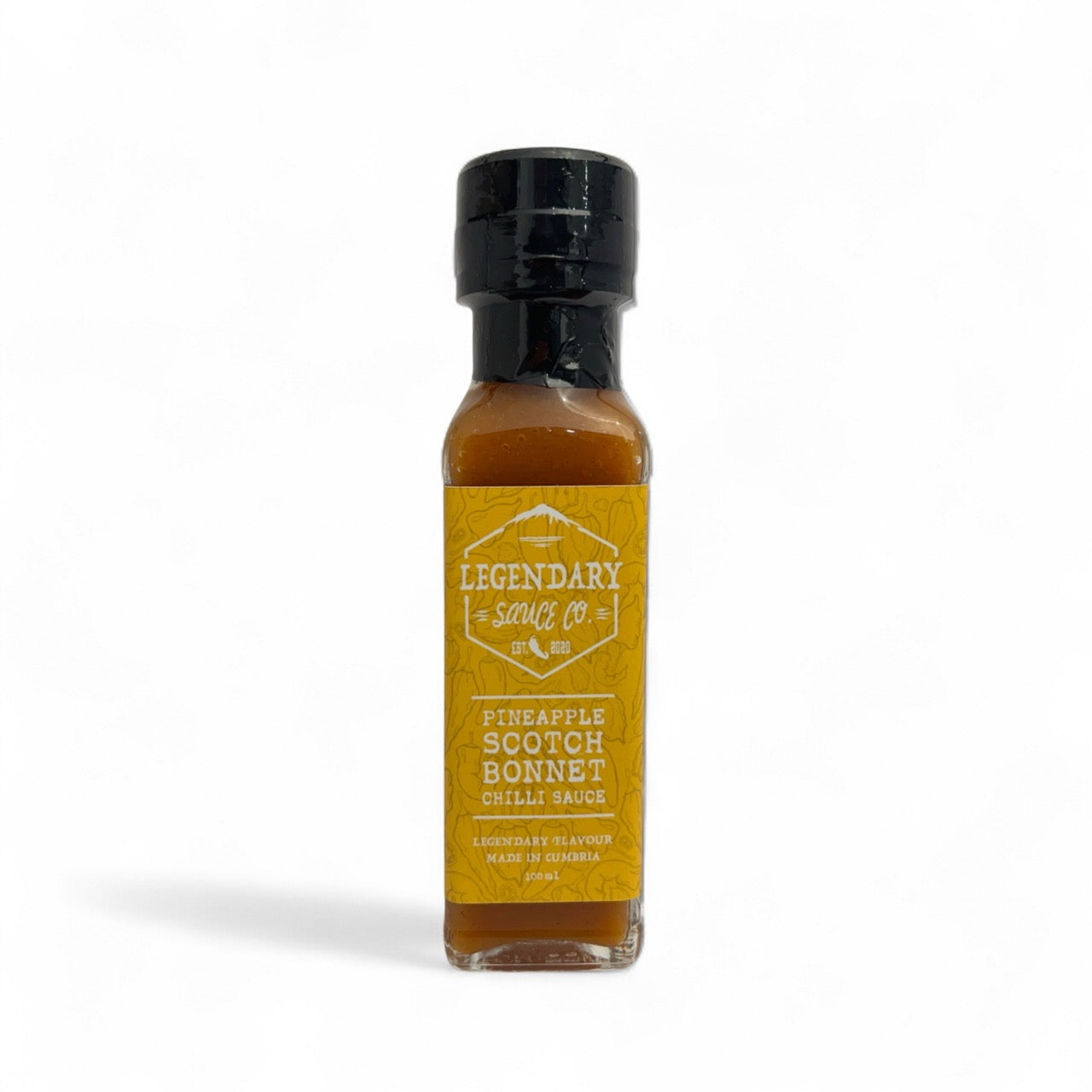 A bottle of Pineapple Scotch Bonnet Hot Sauce