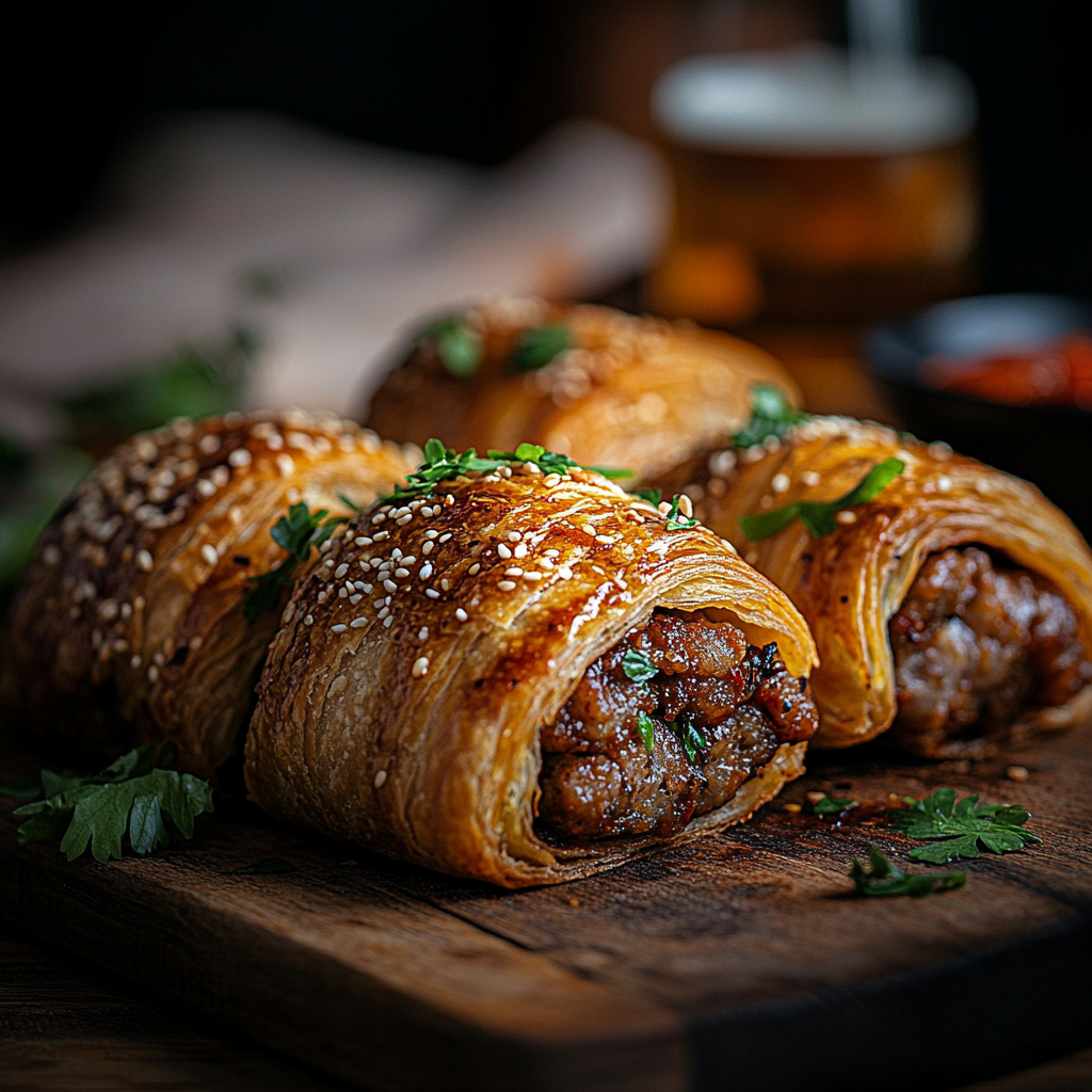 A wooden board with crispy golden brown sausage rolls