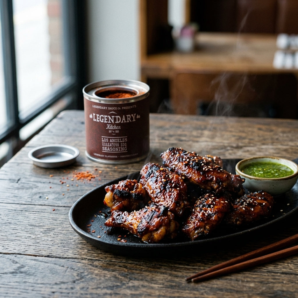 Plated grilled chicken wings with a container of seasoning on a wooden table.