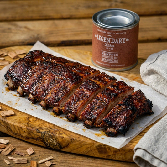 Sliced ribs on a wooden cutting board with a can of Memphis-style BBQ seasoning in the background.