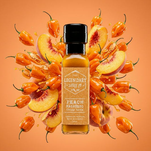 Peach Habanero Chilli Sauce bottle surrounded by peach slices and habanero peppers on an orange background