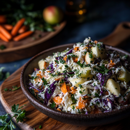 Apple slaw in a wooden bowl