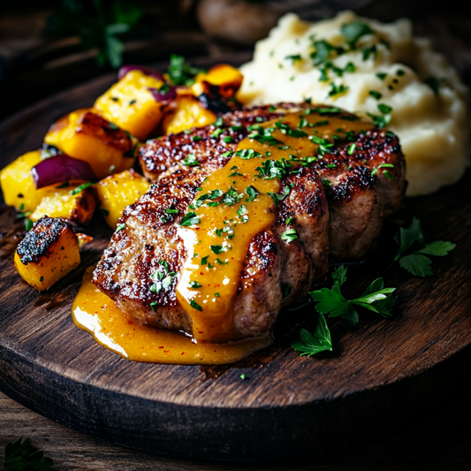 A plate with pork chops and chilli sauce