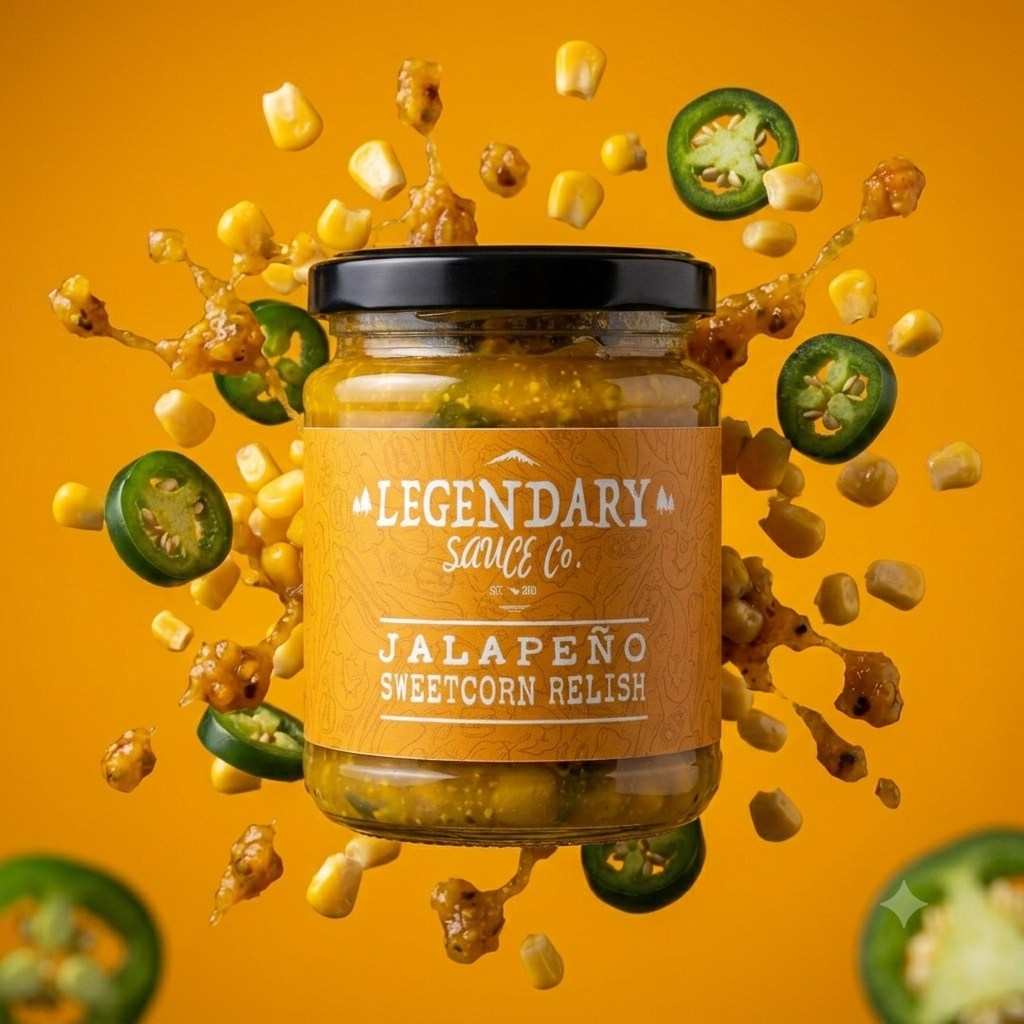 Jar of Legendary Sauce Co. Jalapeño Sweetcorn Relish with flying jalapeños and corn on an orange background