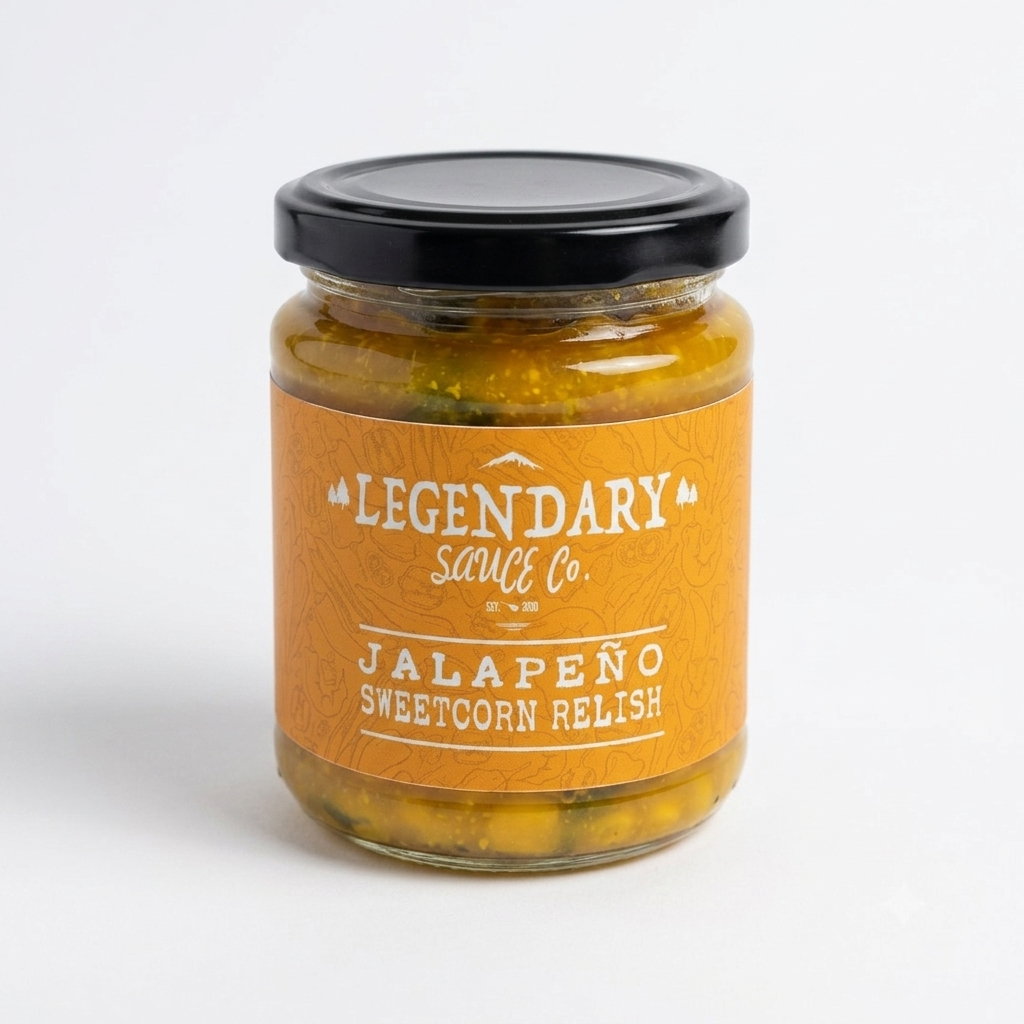 Jar of Legendary Sauce Co. Jalapeño Sweetcorn Relish on a white background