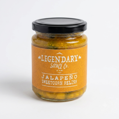 Jar of Legendary Sauce Co. Jalapeño Sweetcorn Relish on a white background