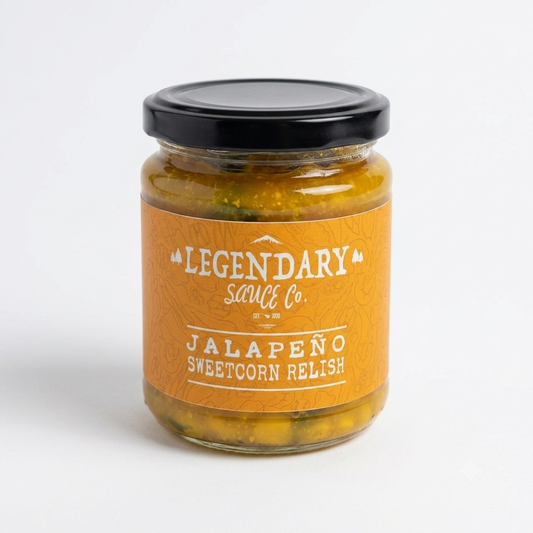 Jar of Legendary Sauce Co. Jalapeño Sweetcorn Relish on a white background