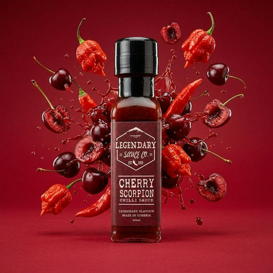 Bottle of Legendary Sauce Co. Cherry Scorpion Chilli Sauce with cherry and chili peppers on a red background