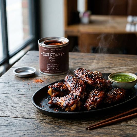 Plated grilled chicken wings with a container of seasoning on a wooden table.