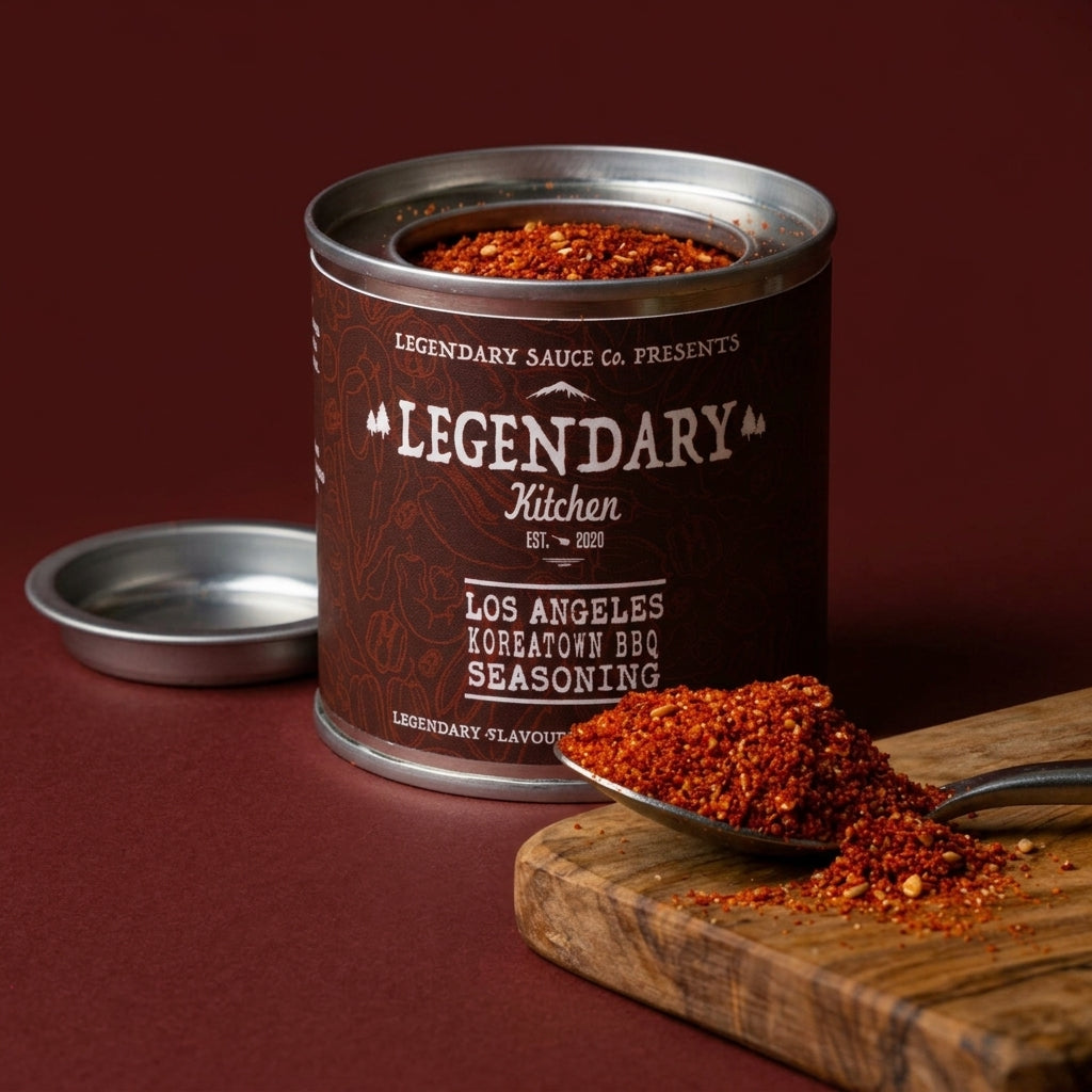 Can of Legendary Kitchen Los Angeles Koreatown BBQ Seasoning with a spoonful of seasoning on a wooden board.