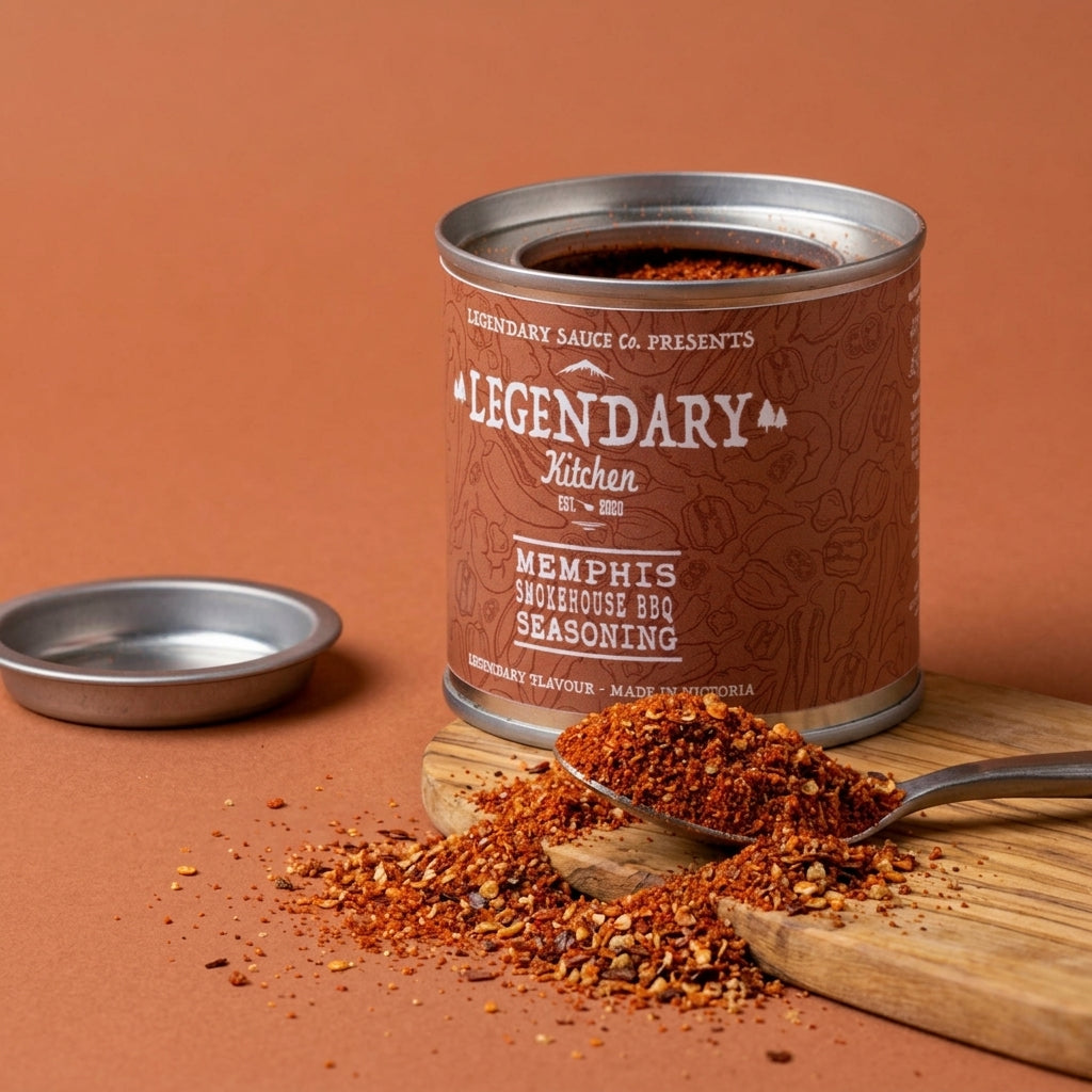 Can of Memphis Smokehouse BBQ Seasoning from Legendary Kitchen on a brown background
