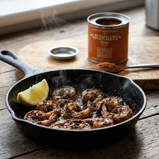 Sizzling shrimp in a cast iron skillet with a can of 'Legendary' sauce on a wooden surface.