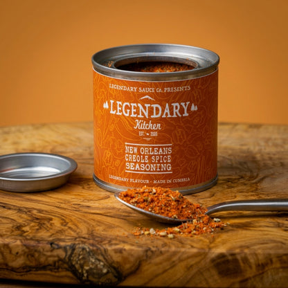 Can of Legendary Kitchen New Orleans Creole Spice Seasoning on a wooden surface with a spoonful of seasoning.