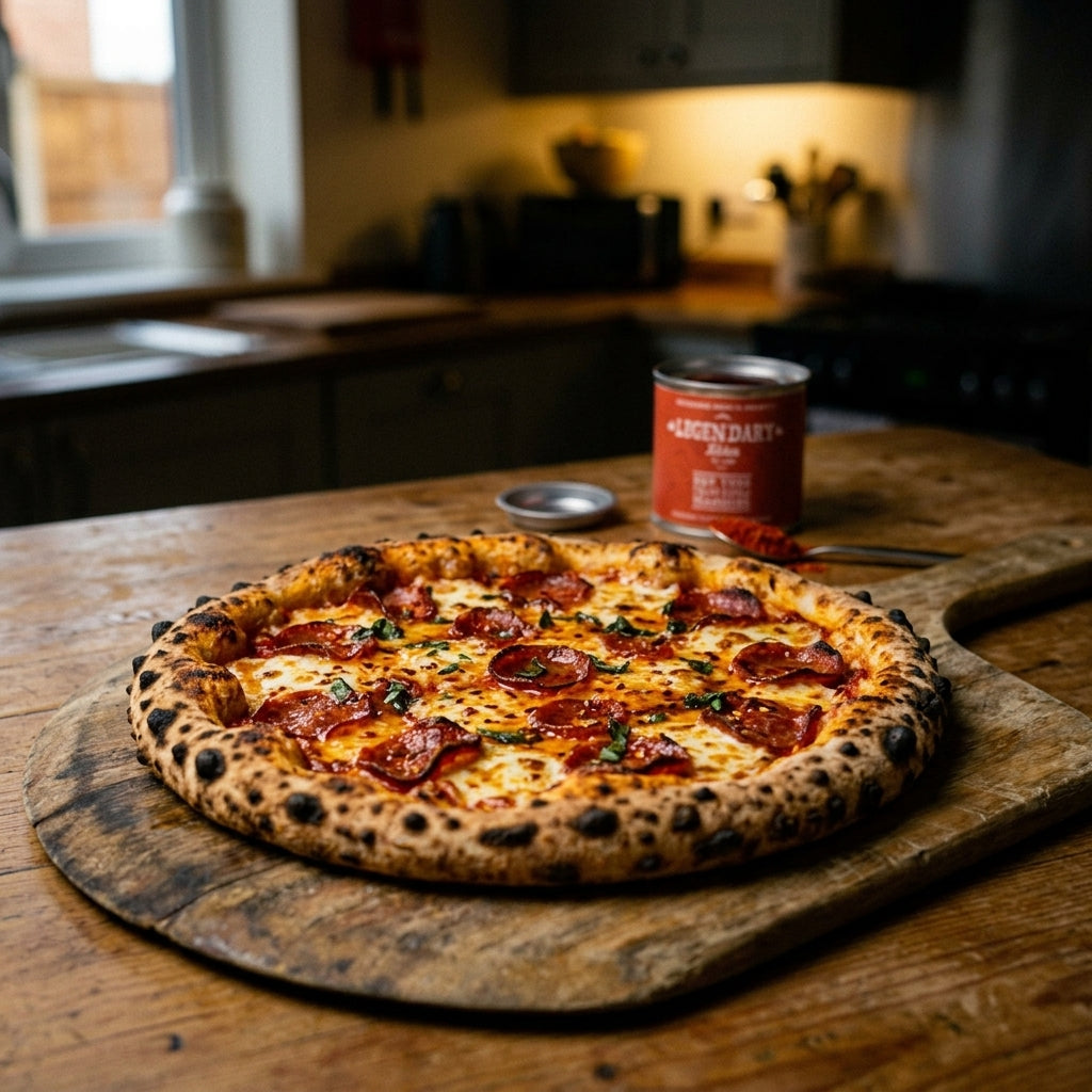 Pepperoni pizza on a wooden board with a can of beer in a kitchen setting