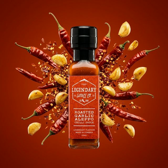 Roasted Garlic Aleppo Chilli Sauce bottle with chili peppers and spices on a red background