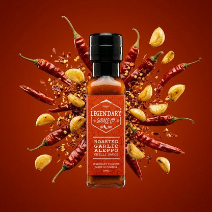 Roasted Garlic Aleppo Chilli Sauce bottle with chili peppers and spices on a red background